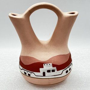 Vintage Southwestern Hand Painted Clay Pottery Wedding Vase 1980's TESA USA 6.5"